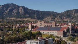 5.7K aerial stock footage descend while passing campus buildings at the University of Colorado Boulder Aerial Stock Footage | DX0001_001946