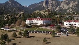 5.7K aerial stock footage of flying by the historic Stanley Hotel in Estes Park, Colorado while ascending Aerial Stock Footage | DX0001_001957