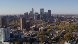 5.7K aerial stock footage of a view of city's skyline at sunrise in Downtown Minneapolis, Minnesota Aerial Stock Footage | DX0001_002112