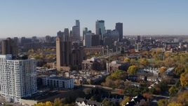 5.7K aerial stock footage of the city's skyline seen from apartment building at sunrise in Downtown Minneapolis, Minnesota Aerial Stock Footage | DX0001_002115