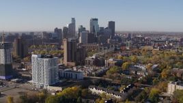 5.7K aerial stock footage apartment complex in foreground and skyline in background in Downtown Minneapolis, Minnesota Aerial Stock Footage | DX0001_002120