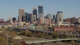 5.7K aerial stock footage flyby I-394 freeway with a view of the city skyline, Downtown Minneapolis, Minnesota Aerial Stock Footage | DX0001_002176