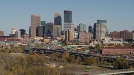 5.7K aerial stock footage of the I-394 freeway and the city skyline, Downtown Minneapolis, Minnesota Aerial Stock Footage | DX0001_002177