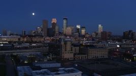 5.7K aerial stock footage flyby market building with the moon above city skyline at twilight, Downtown Minneapolis, Minnesota Aerial Stock Footage | DX0001_002275