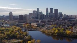 5.7K aerial stock footage a stationary view of the city's skyline seen from the river, Downtown Minneapolis, Minnesota Aerial Stock Footage | DX0001_002361