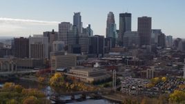 5.7K aerial stock footage of reverse view of the skyline seen from the Mississippi River, Downtown Minneapolis, Minnesota Aerial Stock Footage | DX0001_002371