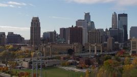5.7K aerial stock footage of Hennepin Avenue Bridge and downtown skyscrapers, Downtown Minneapolis, Minnesota Aerial Stock Footage | DX0001_002374