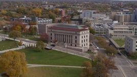 5.7K aerial stock footage of flying by the front of the Minnesota Judicial Center courthouse building in Saint Paul, Minnesota Aerial Stock Footage | DX0001_002410