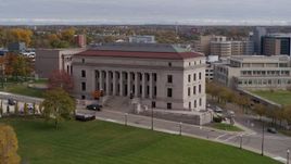 5.7K aerial stock footage fly away from the front of the Minnesota Judicial Center courthouse building in Saint Paul, Minnesota Aerial Stock Footage | DX0001_002412