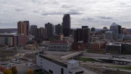 5.7K aerial stock footage of flying by the city's downtown skyline in Downtown Saint Paul, Minnesota Aerial Stock Footage | DX0001_002414