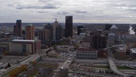5.7K aerial stock footage of descending with view of the city's downtown skyline in Downtown Saint Paul, Minnesota Aerial Stock Footage | DX0001_002415