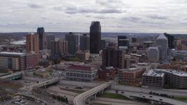 5.7K aerial stock footage of a reverse view of the city's downtown skyline in Downtown Saint Paul, Minnesota Aerial Stock Footage | DX0001_002418