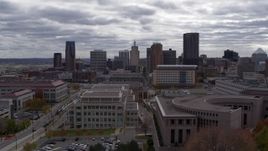 5.7K aerial stock footage of the city's skyline seen from a wide street, and ascend, Downtown Saint Paul, Minnesota Aerial Stock Footage | DX0001_002429