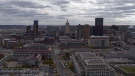 5.7K aerial stock footage of a reverse view of the city skyline, Downtown Saint Paul, Minnesota Aerial Stock Footage | DX0001_002432