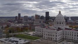 5.7K aerial stock footage of the city skyline seen while flying by the state capitol building, Downtown Saint Paul, Minnesota Aerial Stock Footage | DX0001_002437