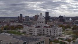 5.7K aerial stock footage of the city skyline seen while passing by the state capitol building, Downtown Saint Paul, Minnesota Aerial Stock Footage | DX0001_002438