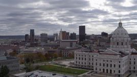 5.7K aerial stock footage of city's skyline in the distance, seen from state capitol building, Downtown Saint Paul, Minnesota Aerial Stock Footage | DX0001_002440