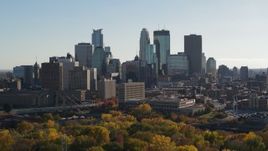5.7K aerial stock footage focus on tall skyscrapers while passing by the city skyline, Downtown Minneapolis, Minnesota Aerial Stock Footage | DX0001_002476