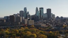 5.7K aerial stock footage focus on tall skyscrapers while passing the city skyline, Downtown Minneapolis, Minnesota Aerial Stock Footage | DX0001_002478