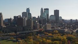 5.7K aerial stock footage focus on the city skyline during descent, Downtown Minneapolis, Minnesota Aerial Stock Footage | DX0001_002480