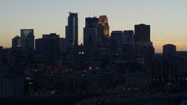 5.7K aerial stock footage slow flyby of the city skyline at twilight, Downtown Minneapolis, Minnesota Aerial Stock Footage | DX0001_002562