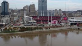 5.7K aerial stock footage reverse view of the riverfront baseball stadium, Downtown Cincinnati, Ohio Aerial Stock Footage | DX0001_002610