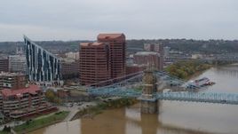 5.7K aerial stock footage of a condominium complex, two riverfront office buildings and bridge in Covington, Kentucky Aerial Stock Footage | DX0001_002626