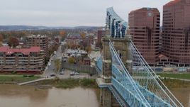 5.7K aerial stock footage descend by Roebling Bridge toward the Ohio River in Covington, Kentucky Aerial Stock Footage | DX0001_002654
