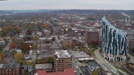 5.7K aerial stock footage reverse view of brick buildings near condo complex in Covington, Kentucky Aerial Stock Footage | DX0001_002659