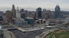 5.7K aerial stock footage of a reverse view of tall skyscrapers and skyline in Downtown Cincinnati, Ohio Aerial Stock Footage | DX0001_002669