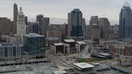 5.7K aerial stock footage of flying by tall skyscrapers and skyline in Downtown Cincinnati, Ohio Aerial Stock Footage | DX0001_002671