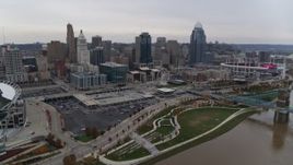 5.7K aerial stock footage slowly passing the skyscrapers of the city's skyline in Downtown Cincinnati, Ohio Aerial Stock Footage | DX0001_002690
