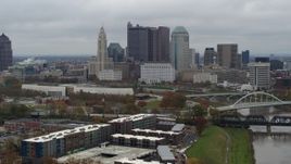 5.7K aerial stock footage descend with view of the city's skyline and the Scioto River in Downtown Columbus, Ohio Aerial Stock Footage | DX0001_002699