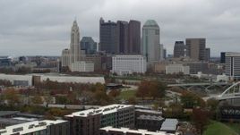 5.7K aerial stock footage slow approach to the city's skyline and the Scioto River in Downtown Columbus, Ohio Aerial Stock Footage | DX0001_002700