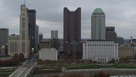 5.7K aerial stock footage passing by four tall skyscrapers in the city's skyline in Downtown Columbus, Ohio Aerial Stock Footage | DX0001_002705