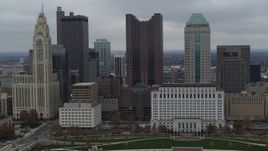 5.7K aerial stock footage slowly passing by four tall skyscrapers in the city's skyline in Downtown Columbus, Ohio Aerial Stock Footage | DX0001_002706