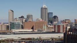 5.7K aerial stock footage descend and flyby the city's skyline in Downtown Indianapolis, Indiana Aerial Stock Footage | DX0001_002817