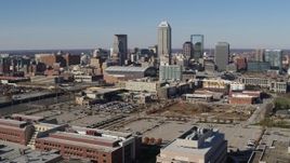 5.7K aerial stock footage descend and then approach the city's skyline in Downtown Indianapolis, Indiana Aerial Stock Footage | DX0001_002841