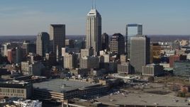 5.7K aerial stock footage of slow flyby of towering skyscrapers in the city's skyline in Downtown Indianapolis, Indiana Aerial Stock Footage | DX0001_002862