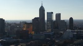 5.7K aerial stock footage slowly passing by the towering skyscrapers in the city's skyline in Downtown Indianapolis, Indiana Aerial Stock Footage | DX0001_002871