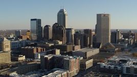 5.7K aerial stock footage fly away from the skyline in Downtown Indianapolis, Indiana and descend Aerial Stock Footage | DX0001_002895
