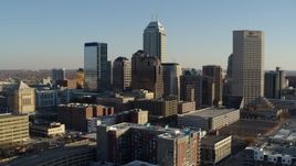 5.7K aerial stock footage of flying toward the skyline's tall skyscrapers in Downtown Indianapolis, Indiana Aerial Stock Footage | DX0001_002899