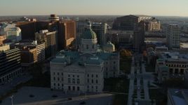 5.7K aerial stock footage reverse view of the Indiana State House and ascend in Downtown Indianapolis, Indiana Aerial Stock Footage | DX0001_002910