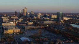 5.7K aerial stock footage of a view of the city's skyline at sunset, Downtown Indianapolis, Indiana Aerial Stock Footage | DX0001_002923
