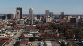 5.7K aerial stock footage a view of the city's skyline, seen during descent in Downtown Louisville, Kentucky Aerial Stock Footage | DX0001_002985