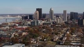 5.7K aerial stock footage descend and flyby the city's skyline in Downtown Louisville, Kentucky Aerial Stock Footage | DX0001_002987