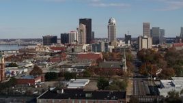 5.7K aerial stock footage flyby and focus on skyscrapers in the city's skyline in Downtown Louisville, Kentucky Aerial Stock Footage | DX0001_002994