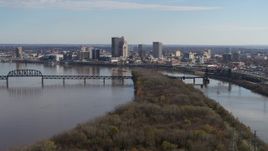 5.7K aerial stock footage of the city's skyline beside the river in Downtown Louisville, Kentucky Aerial Stock Footage | DX0001_003001