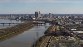 5.7K aerial stock footage of a wide view of the city's skyline and the river in Downtown Louisville, Kentucky Aerial Stock Footage | DX0001_003003