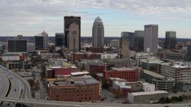 5.7K aerial stock footage slow approach to tall skyscrapers in city skyline in Downtown Louisville, Kentucky Aerial Stock Footage | DX0001_003034